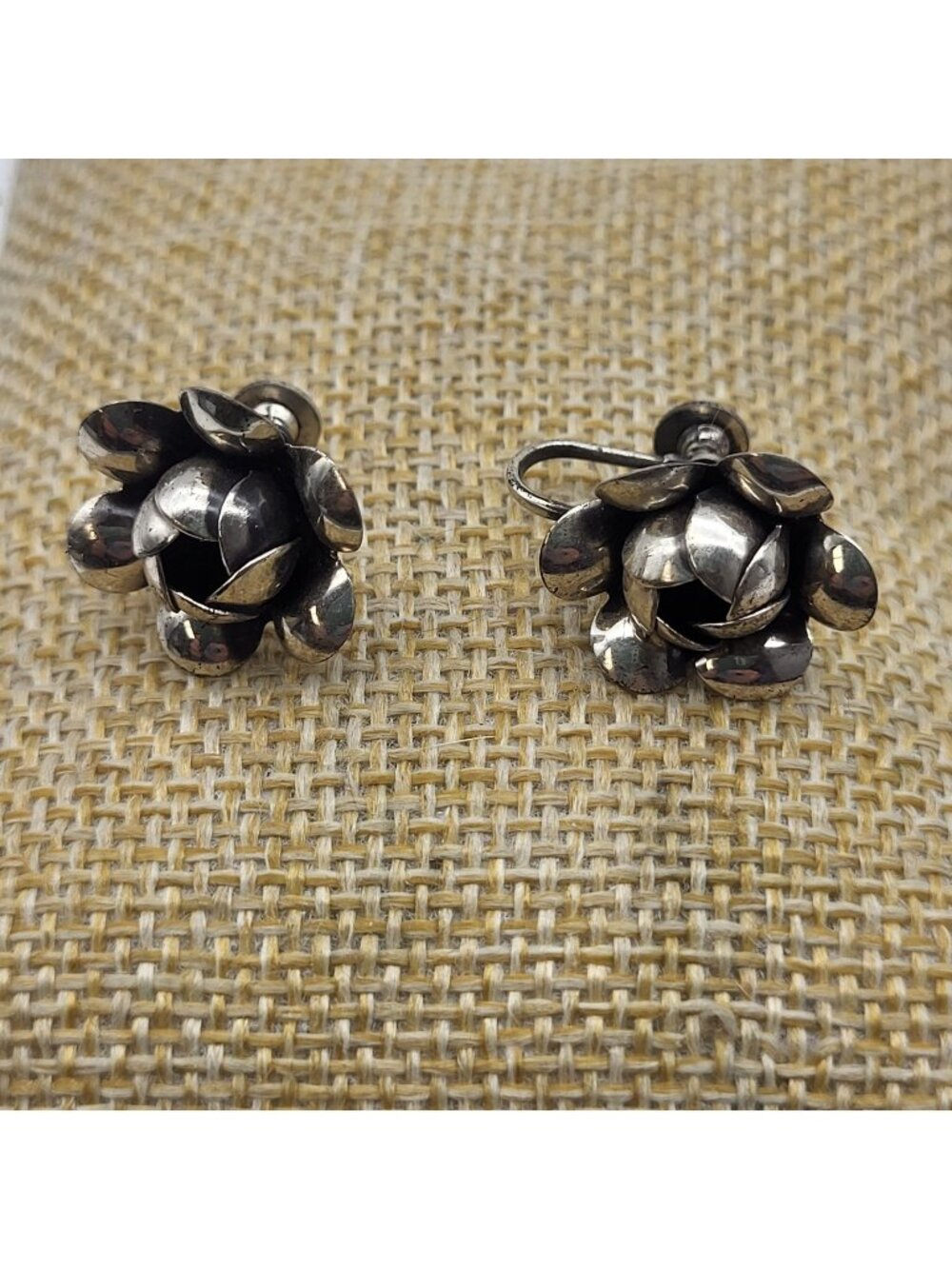 Lovely Vintage Screw Back Earrings 3D Flower Roses Beau Sterling Silver